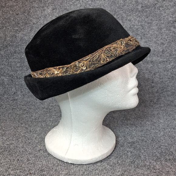Nettie Young Vintage Cocktail Hat Women Black Velvet Gold Trim 1950s main image 9